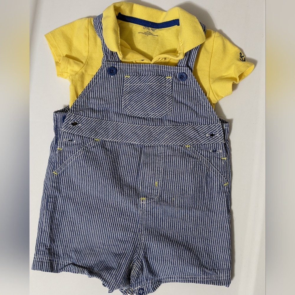 Little me Toddler Outfit Yellow Polo Shirt Blue Stripes Overalls Size 18 months